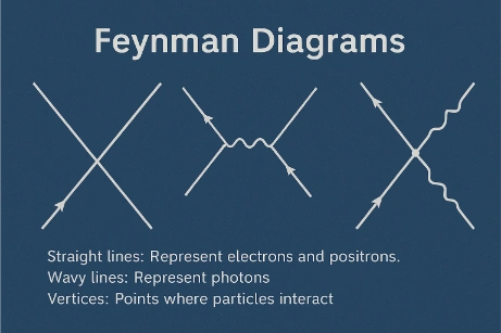 An educational illustration showing three Feynman diagrams with straight lines representing electrons and positrons, wavy lines for photons, and vertices where particles interact, all labeled for clarity against a blue background.
