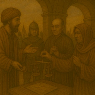 Oil painting of diverse historical figures in conversation beneath arches, with a balance scale and cityscape in the background.