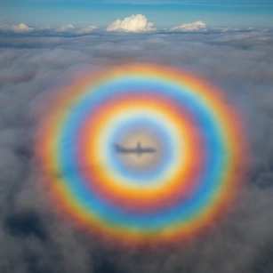 A photograph taken from an airplane showing concentric, rainbow-colored rings forming a halo around the plane’s shadow cast on a cloud layer below.