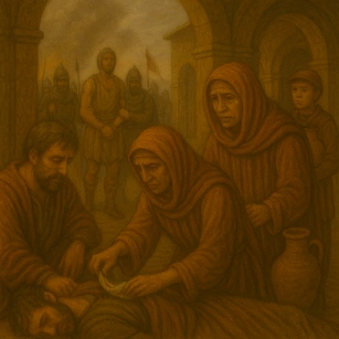 Oil painting of wounded soldiers and grieving civilians amid a war-torn background with captured prisoners and rising smoke.