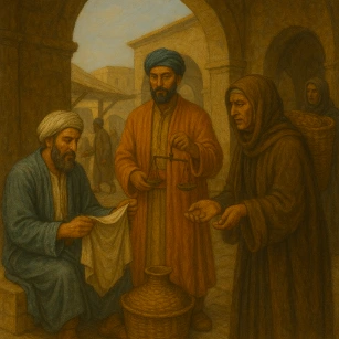 Oil painting of a diverse group engaging in traditional commerce under stone arches, with scales, cloth, and coin exchange.