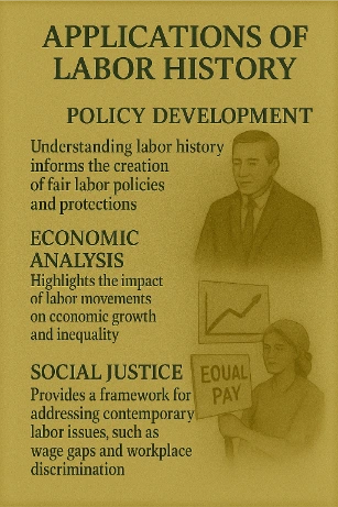 Illustration of labor history applications showing a man beside the text "Policy Development," a graph indicating economic trends, and a woman holding an "Equal Pay" sign.