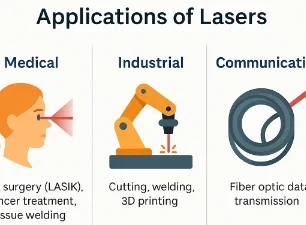 Infographic with icons and scenes showing laser eye surgery, industrial laser cutting, 3D printing, and fiber optic communication, each labeled under medical, industrial, and communication categories.