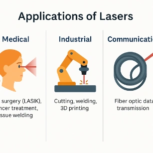 Infographic with icons and scenes showing laser eye surgery, industrial laser cutting, 3D printing, and fiber optic communication, each labeled under medical, industrial, and communication categories.