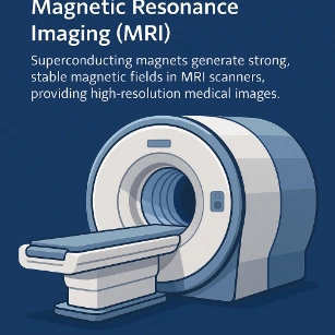 Illustration of a modern MRI scanner with a patient bed, accompanied by text explaining how superconducting magnets generate strong magnetic fields for high-resolution medical imaging.