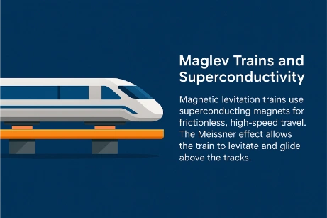 A sleek maglev train levitating above an orange track using superconducting magnets, with descriptive text explaining how the Meissner effect enables high-speed, frictionless travel.