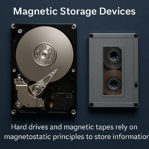 An open hard disk drive and a magnetic tape cassette placed side by side on a dark blue background, illustrating magnetic storage technologies.