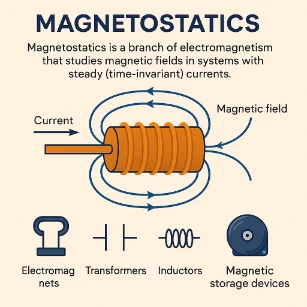 Diagram showing a solenoid generating magnetic field lines due to a steady electric current, with labeled components and icons representing electromagnets, transformers, inductors, and magnetic storage devices.
