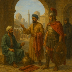 A traditional oil painting of an ancient marketplace featuring a Roman soldier, merchants, and city architecture, symbolizing the rise of markets and empires.