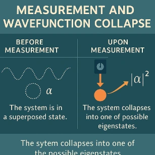Visualization of quantum measurement and wavefunction collapse, showing a quantum state reducing from a superposition into a single outcome upon observation.