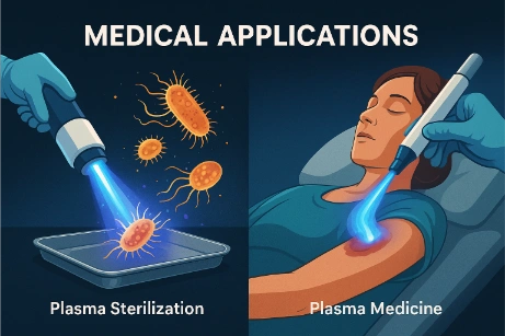 Split-screen illustration showing plasma sterilization on the left—plasma beam targeting bacteria in a tray—and plasma medicine on the right, where a clinician applies a plasma device to a wound on a patient's arm.
