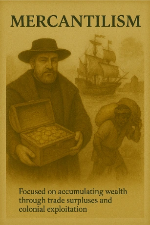 Illustration of mercantilism showing a merchant with a chest of gold, a colonial sailing ship, and a laborer carrying a heavy load.