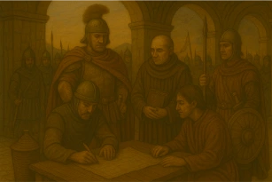 Oil painting of a military council featuring officers, monks, and soldiers reviewing documents under arched architecture.