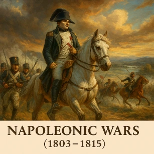Illustration of Napoleon Bonaparte leading French troops across a European battlefield during the Napoleonic Wars, with dramatic sky and cavalry charge.