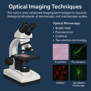 Split illustration showing an optical microscope on the left and four microscopy images labeled Bright-field, Fluorescence, Confocal, and Two-photon on the right, under the title "Optical Imaging Techniques."