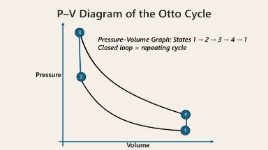 A pressure-volume (P–V) diagram of the Otto Cycle, showing a closed loop with two curved adiabatic processes and two vertical isochoric processes, modeling a gasoline engine cycle.