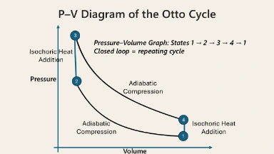 P–V diagram showing the four thermodynamic processes of the Otto Cycle: adiabatic compression (1→2), isochoric heat addition (2→3), adiabatic expansion (3→4), and isochoric heat rejection (4→1), forming a closed loop.