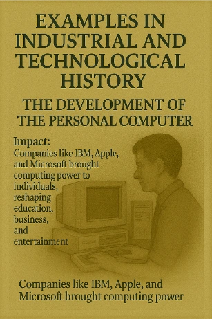 Illustration of a man using an early personal computer, symbolizing the rise of computing power brought by IBM, Apple, and Microsoft.