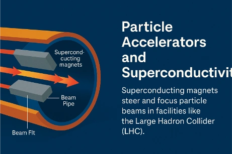 A cutaway illustration of a particle accelerator showing a circular beam pipe, red arrows representing particle beams, and superconducting magnets guiding the beam inside a labeled structure with explanatory text on the right.