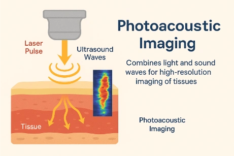 An infographic showing a photoacoustic imaging setup with a laser pulse directed into tissue and resulting ultrasound waves detected, alongside a colorful cross-sectional image representing tissue depth.