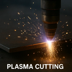 A close-up of a plasma cutter torch slicing through a thick metal sheet, with bright plasma arc and sparks flying from the cut.