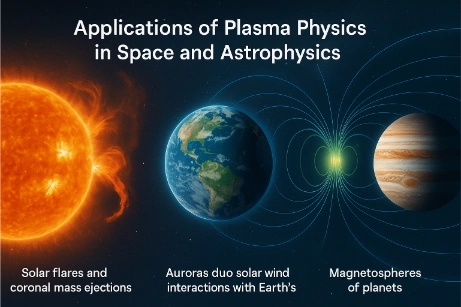 An illustration showing the Sun with solar flares, Earth surrounded by green auroras and magnetic field lines, and a gas giant planet with a visualized magnetosphere, representing plasma physics in space and astrophysics.