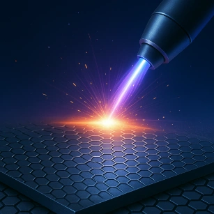 A glowing plasma jet from a nozzle interacts with a dark metal surface patterned in a hexagonal grid, illustrating a surface treatment process.