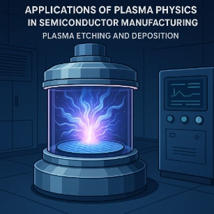 An advanced plasma etching chamber glows with blue and violet plasma above a silicon wafer, set in a high-tech semiconductor cleanroom with control equipment nearby.
