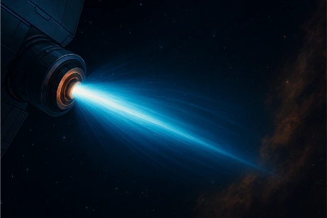 A spacecraft in deep space emits a bright blue plasma beam from its ion thruster, with stars and nebulae in the background.