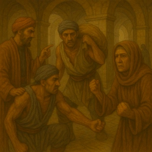 Oil painting of conflict and resistance in a historic market scene, showing accusatory gestures and clenched fists.