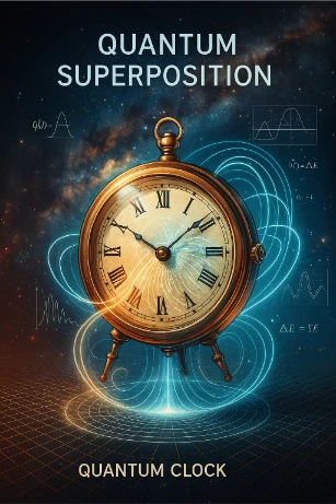 A futuristic quantum clock surrounded by wave patterns and probability clouds, illustrating time measurement through quantum superposition.