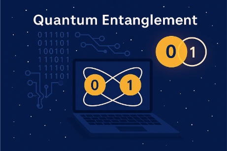 A digital illustration showcasing quantum entanglement in quantum computing, featuring a laptop displaying two entangled qubits labeled 0 and 1, binary code in the background, and overlapping golden quantum bits.