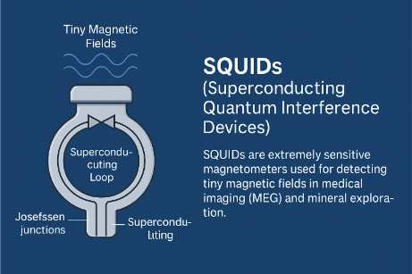 An educational diagram of a SQUID showing a superconducting loop with two Josephson junctions, capturing tiny magnetic fields with labeled components and descriptive text on the right.