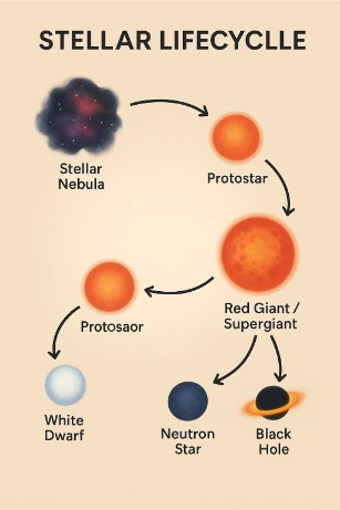 A simplified diagram of the stellar lifecycle showing the evolution from stellar nebula to protostar, main sequence, and diverging into low-mass and high-mass star outcomes including white dwarfs, neutron stars, and black holes.