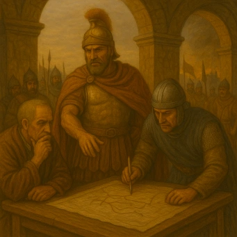 Oil painting of a military commander directing strategy with advisors and soldiers around a map in a fortified setting.