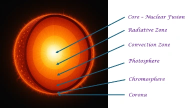 A cutaway illustration of the Sun showing six concentric layers from the core to the outer atmosphere, including the core, radiative zone, convective zone, photosphere, chromosphere, and corona.