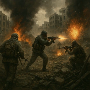 Illustration depicting soldiers amidst intense urban warfare during the Syrian Civil War, with explosions, fires, smoke, and destroyed buildings surrounding them.