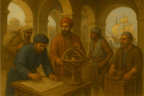 Oil painting showing historical figures with an armillary sphere and maps near a port, symbolizing innovations driven by trade.