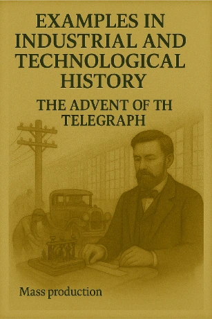 Illustration of a 19th-century telegraph operator working at a telegraph machine with telegraph poles and wires in the background.