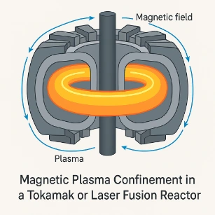 A cutaway illustration of a tokamak fusion reactor showing a toroidal plasma ring confined by magnetic fields