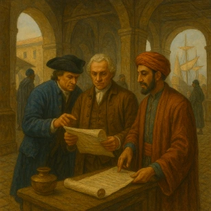 Oil painting of merchants from different backgrounds analyzing a scroll in a portside marketplace, with sailing ships visible in the distance.