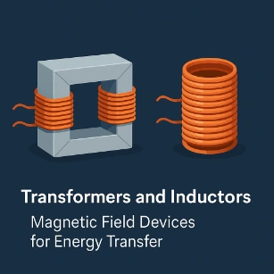 An illustrated transformer with a rectangular core and copper windings is shown on the left, and an inductor made of copper coils around a cylindrical core appears on the right, both labeled as magnetic field devices for energy transfer.
