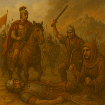 Oil painting of a medieval battle scene with fallen soldiers, advancing troops, and a mounted general near a fortified city.
