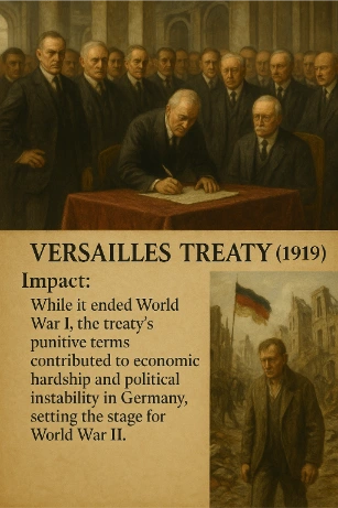Baroque-style illustration of the Versailles Treaty (1919) with diplomats signing the treaty and a desolate postwar German street scene symbolizing economic hardship and instability.