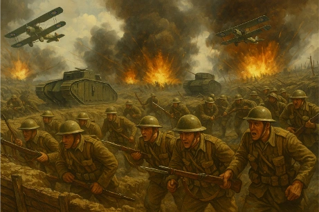 WWI battlefield with trench warfare, biplanes, and soldiers amidst explosions