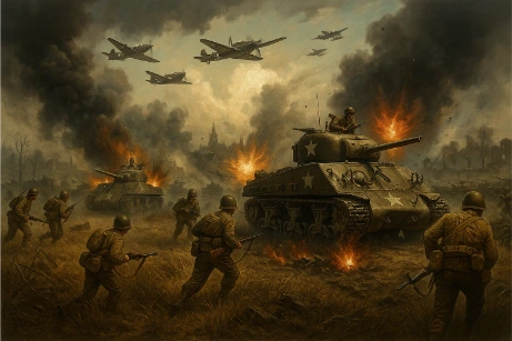 Realistic digital illustration of World War II showing intense land, sea, and air battles with soldiers, tanks, warplanes, and warships under dramatic skies.