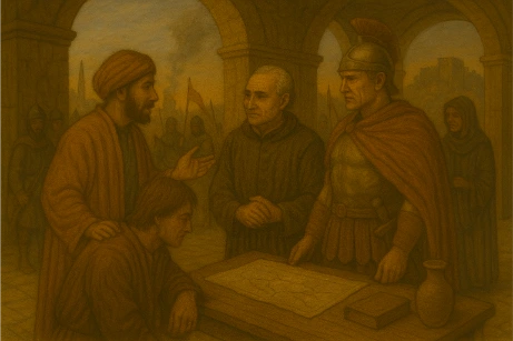 Oil painting of military, scholarly, and political figures in discussion near a map with distant signs of battle and a fortress.
