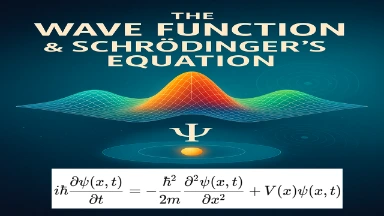 Quantum illustration of Schrödinger’s Equation and a particle’s wave function evolving across a curved spatial grid, surrounded by mathematical symbols and glowing probability clouds.