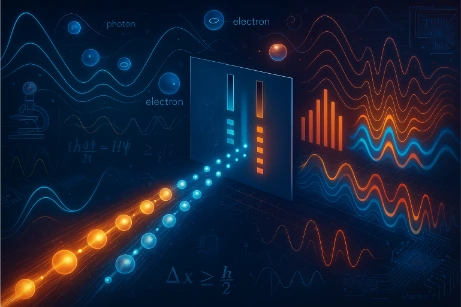 Illustration of wave-particle duality showing an electron transitioning between wave interference and particle detection across a double-slit experiment setup, with quantum wave functions and symbols in the background.