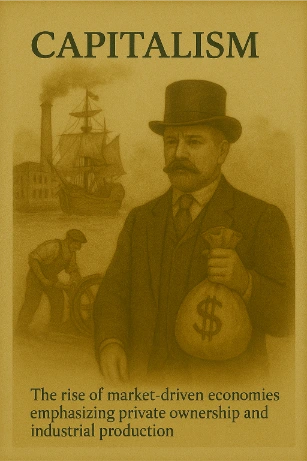 Illustration of capitalism showing an industrialist holding a money bag, a factory with smoke stacks, a cargo ship, and a laborer operating machinery.